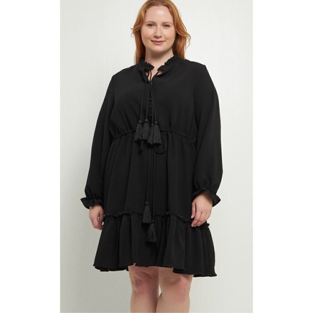 English Factory Black Tassel Trim Ruffle Hem Tiered Dress Size 2X NWOT